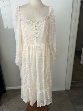 Delicate Ivory Long-Sleeve Midi Dress with Sheer Swiss Dot Sleeves